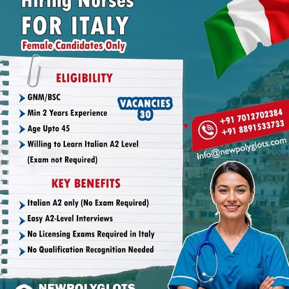 Hiring Nurses for Italy recruitment poster Newpolyglots