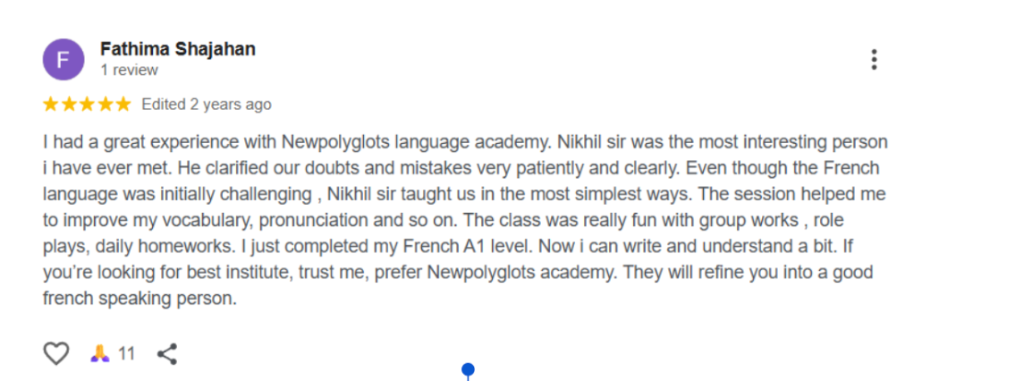 Fathima Shajahan Newpolyglots French A1 Student Review